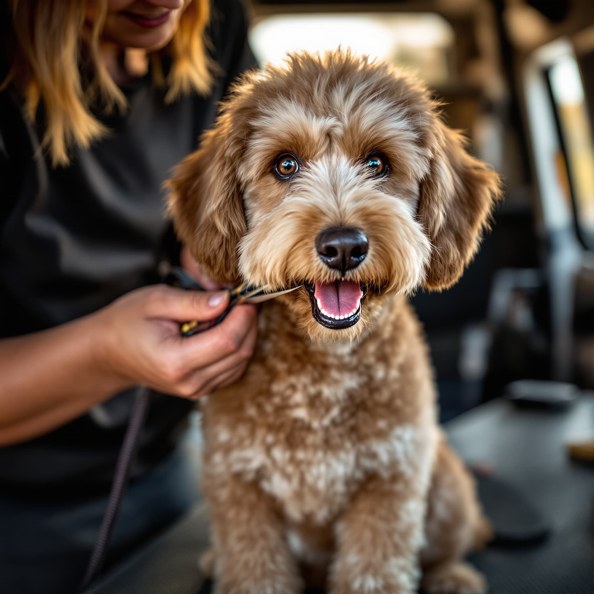 Professional groomer trimming poodle mix inside mobile van