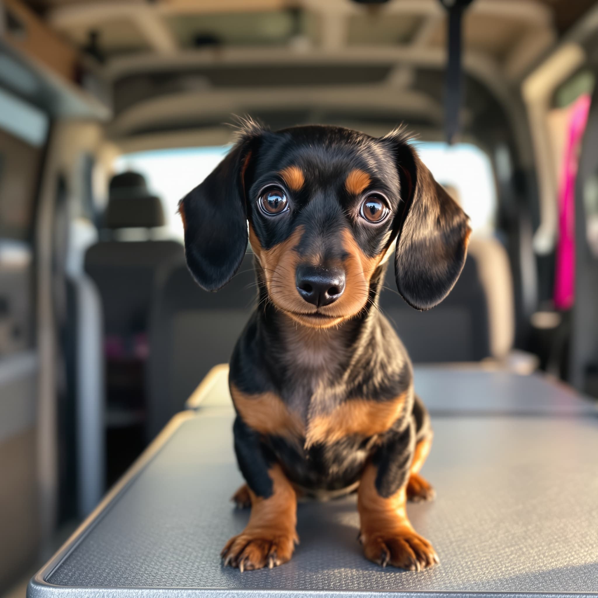 Tiny freshly groomed dachshund looking very pleased with itself