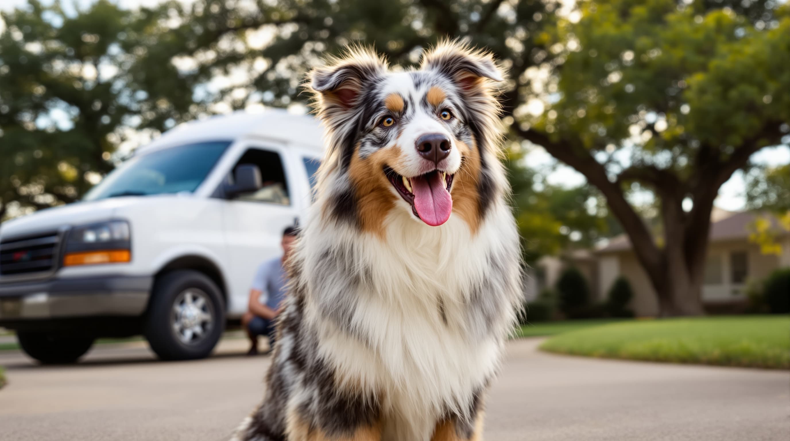 Happy freshly groomed Australian shepherd on San Antonio driveway