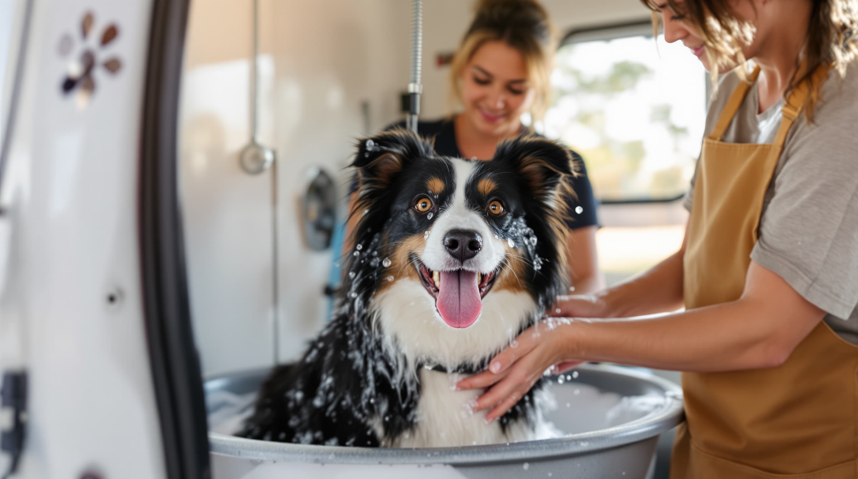 Groomer bathing border collie inside mobile grooming van, San Antonio