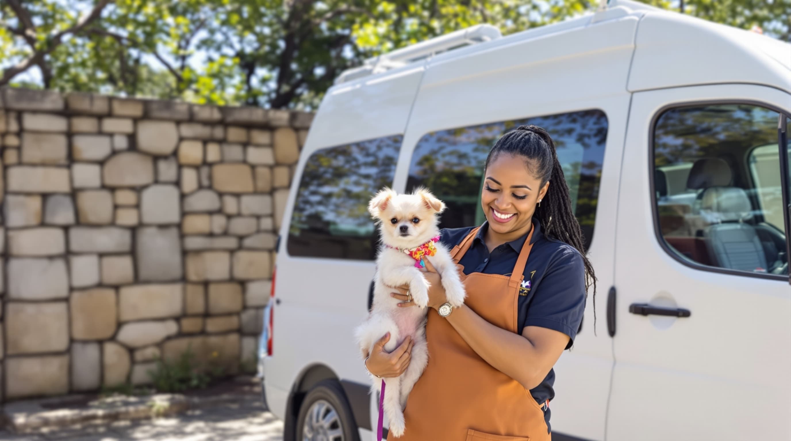 Groomer showing off freshly groomed chihuahua next to mobile van in San Antonio
