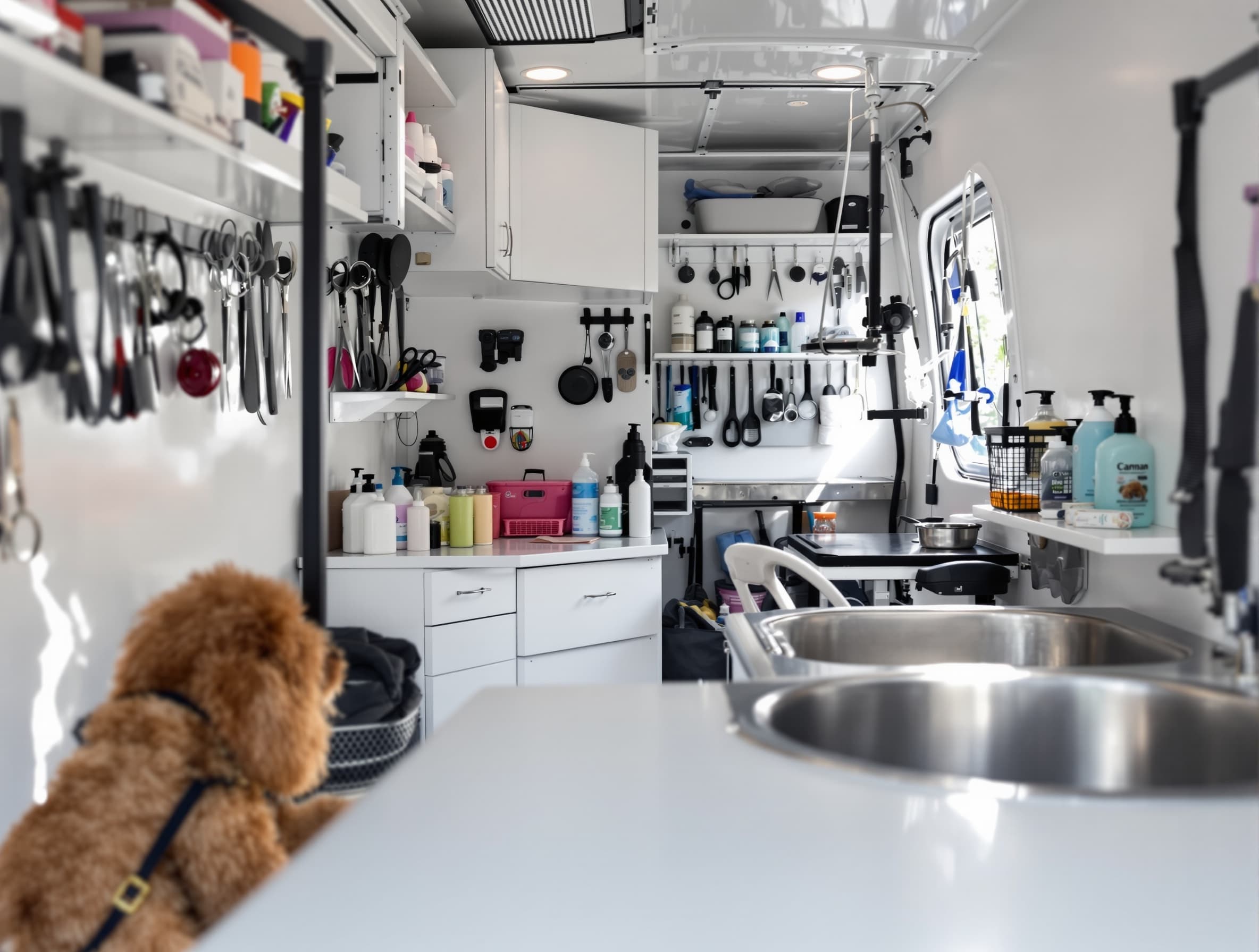 Mobile grooming van interior setup